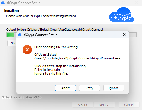 Error Connect Application Install on Windows